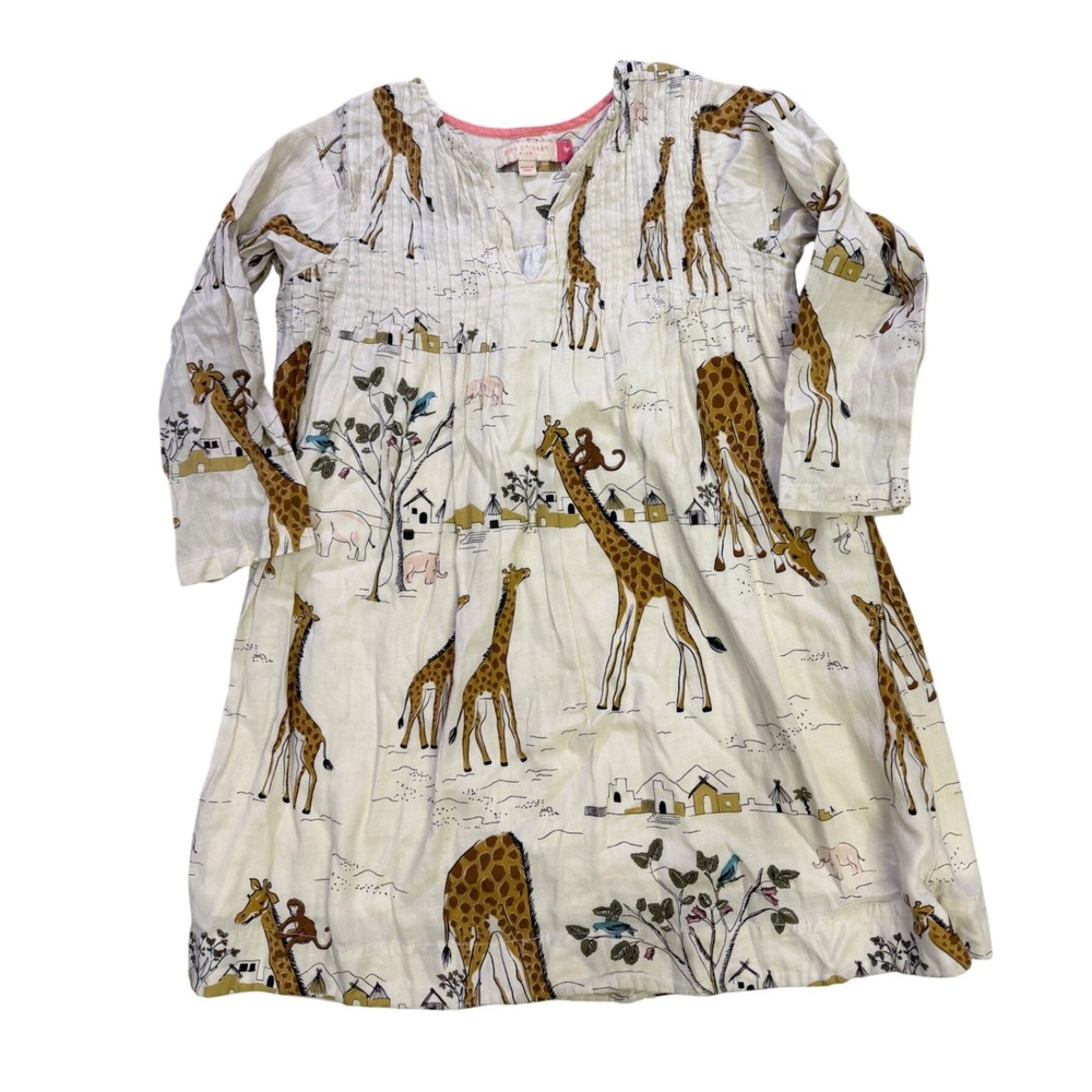 Pink Chicken Kids Giraffe Safari Print Cotton Dress Size 6Y Cream Boho Tunic